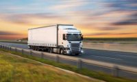 truck with container on highway, cargo transportation concept. shaving effect.